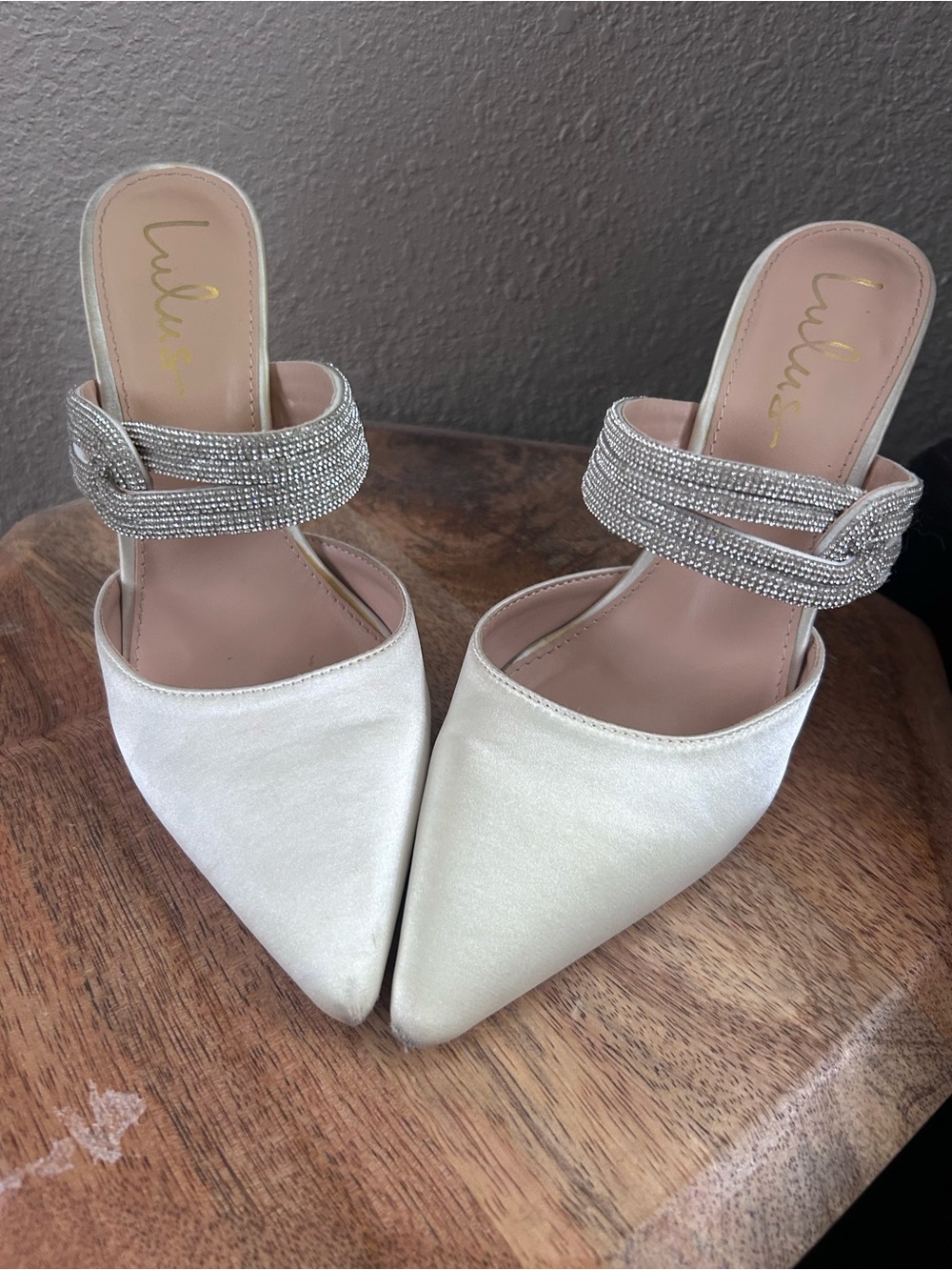 Lulu's Champagne Satin Pointed Mules with Crystal Strap